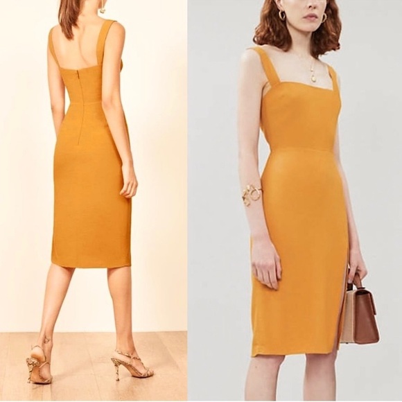 Reformation Satin Midi Dress • Size 4 • Marigold Yellow • Slit Midi - Picture 2 of 10